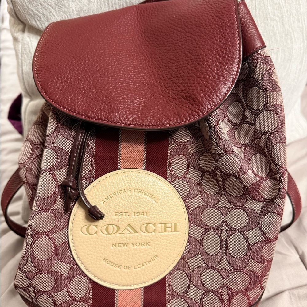 Coach Signature Canvas Leather Backpack Burgundy Tan With Charm Keychain